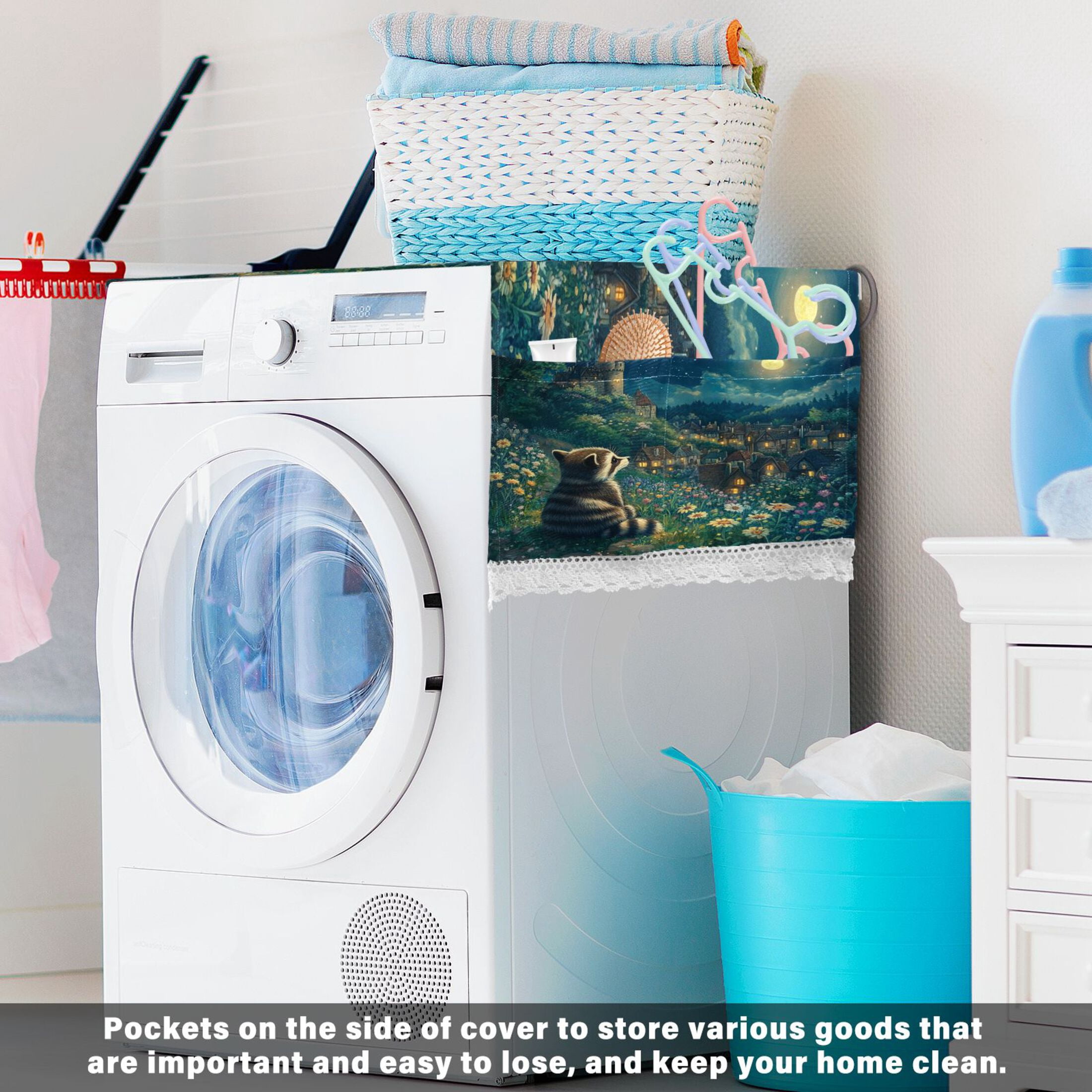 Washing Machine Cover 51.2x22in, Durable Polyester Dust Cover with Lace Trim and Side Pocket for Appliances Raccoon Journey