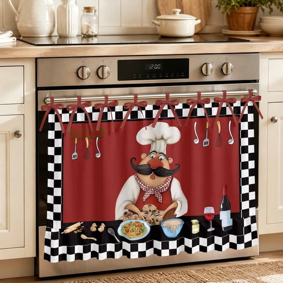 Fat Chefs Oven Skirt for Farmhouse Kitchen Décor, Kitchen Cooking Gourmet Black Plaid Oven Curtain Tie Top Decorative Stove Skirt, Cabinet Dish Washer Curtains with 8 Ribbon Ties 32"x24"