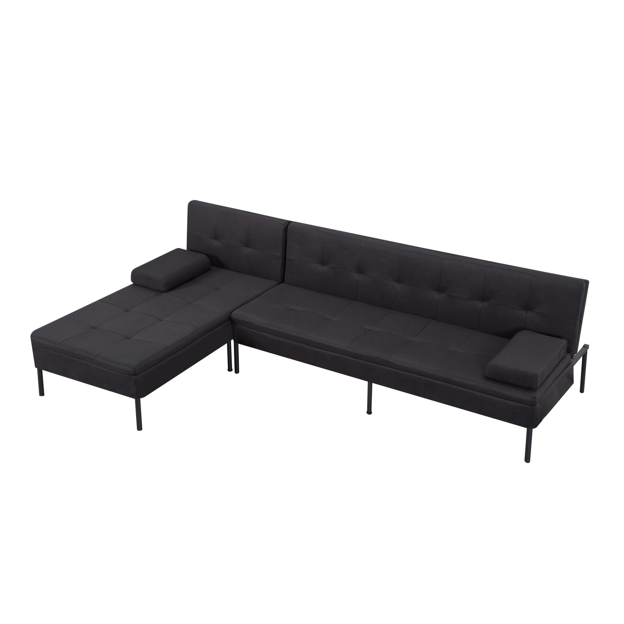DEALTOPS 89.4” Convertible Sectional Sofa Bed, L-Shaped Futon with Reversible Chaise & 5-Position Backrest, Black