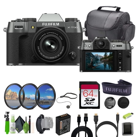 Fujifilm X-T50 Mirrorless Digital Camera XC15-45mmF3.5-5.6 OIS PZ Lens Bundle Kit With 64GB Memory Card   Mc Pro Filter Kit   Camara Bag   More Accessories - Charcoal Silver