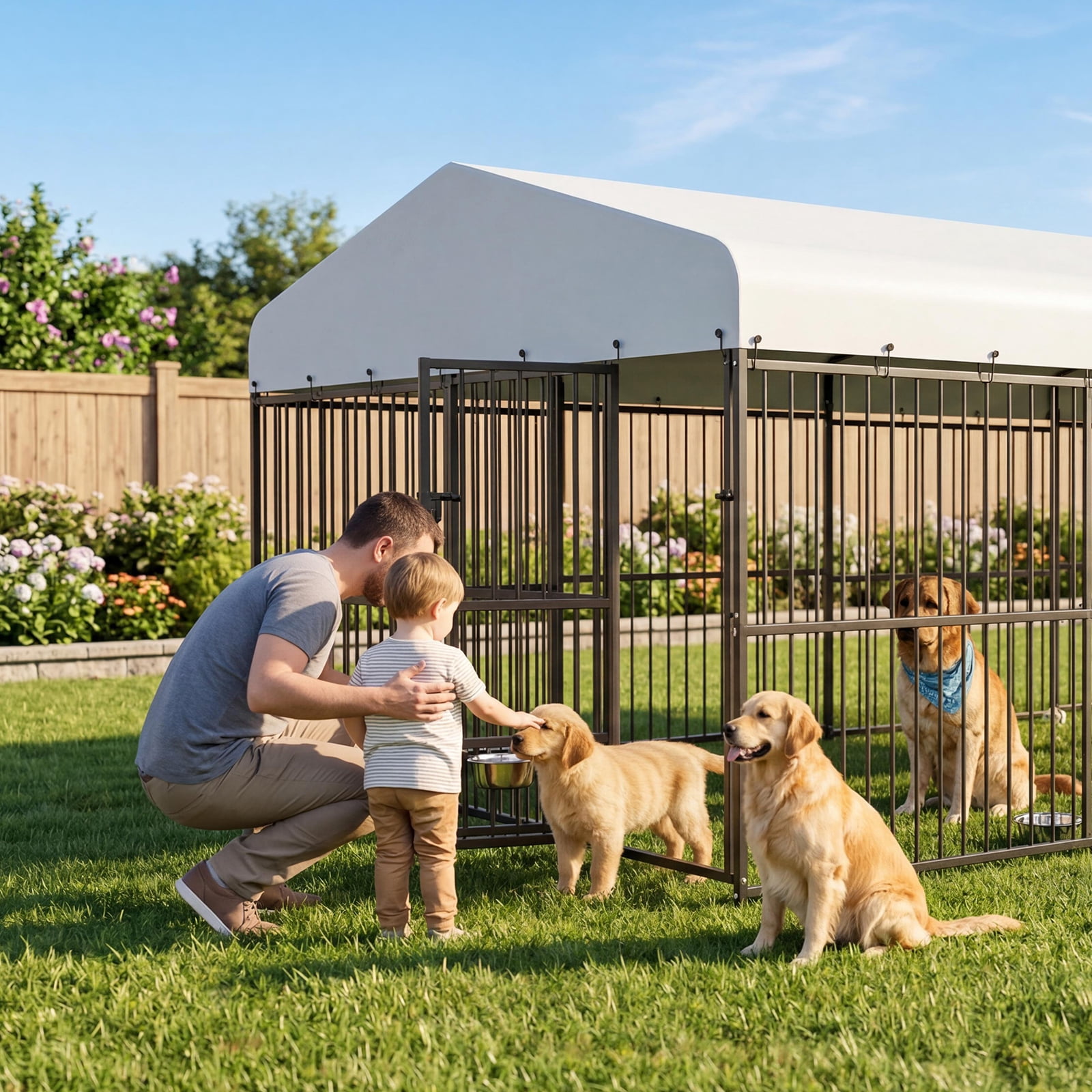 Outdoor Dog Kennel, Large Dog Enclosures with Waterproof Cover, Feeding Doors, Large Dog Kennel Outdoor for Garden Backyard（10×20×7FT）