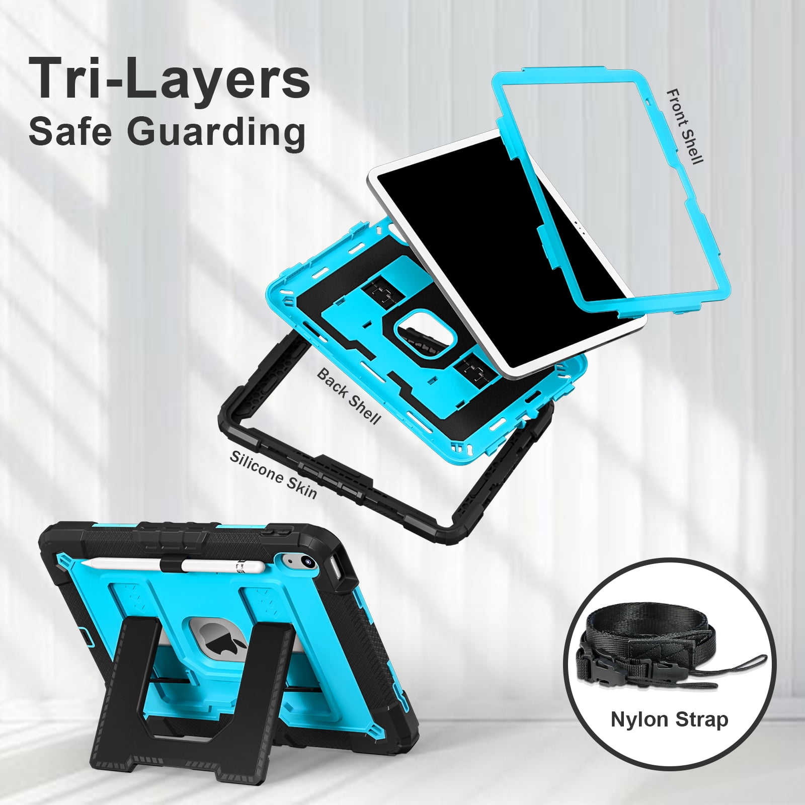 Allytechgroup Rugged Case for Apple iPad Mini 7th Gen / iPad Mini 6th Gen 8.3 Inch, Heavy Duty Protective Tablet Case with Kickstand, Pencil Holder & Detachable Shoulder Strap, Black+Blue