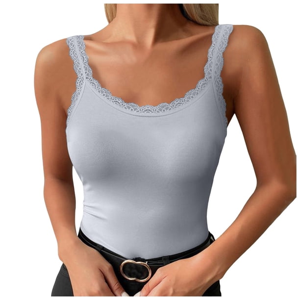 Camisetas sin mangas con costuras para mujer: camisetas sin mangas de encaje liso, camisetas informales