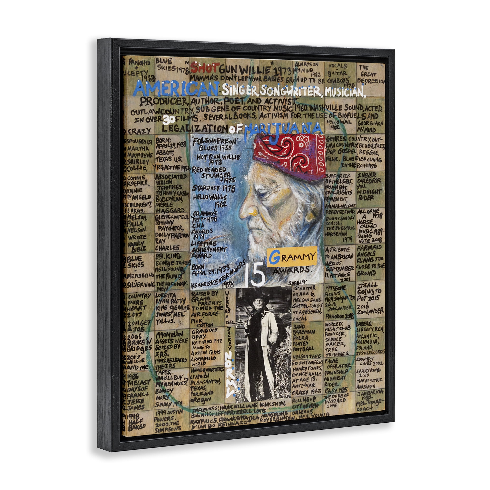 Stupell Industries Willie Nelson Collage People Drawing Black Floater Framed Canvas Art Print Wall Art, 25 x 31
