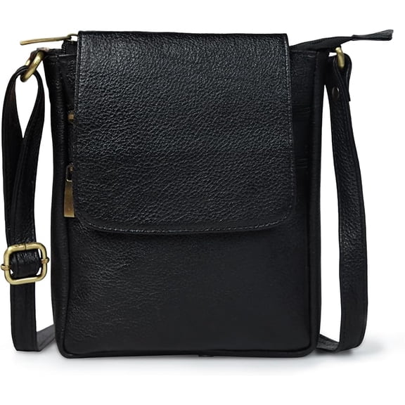 ADYAN Black Genuine Leather Crossbody Messenger Bag for Men and Women Travel Shoulder Bag with Adjustable Straps Compact Stylish Everyday Pouch for Office Work and Casual Use 7x8.5x1.5 Inch