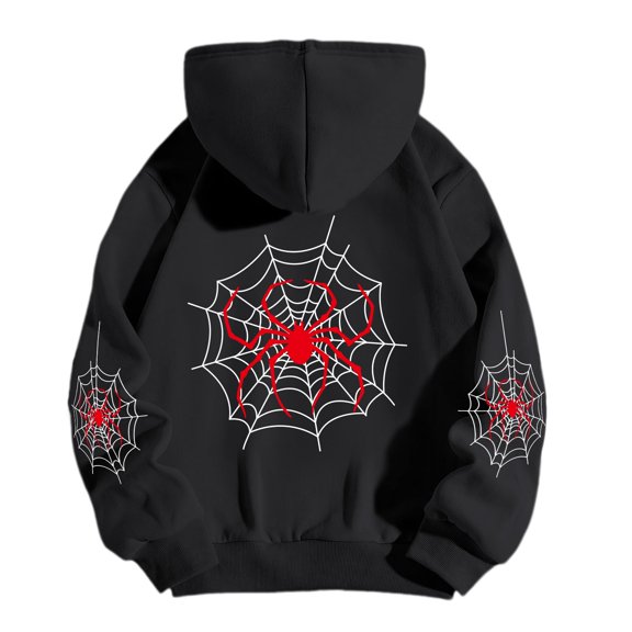Halloween Sweatshirt Spider Web Print Zip Jacket Superhero Hooded Tops Casual Hoodies for Women Festive Holiday Party Street Style Black M