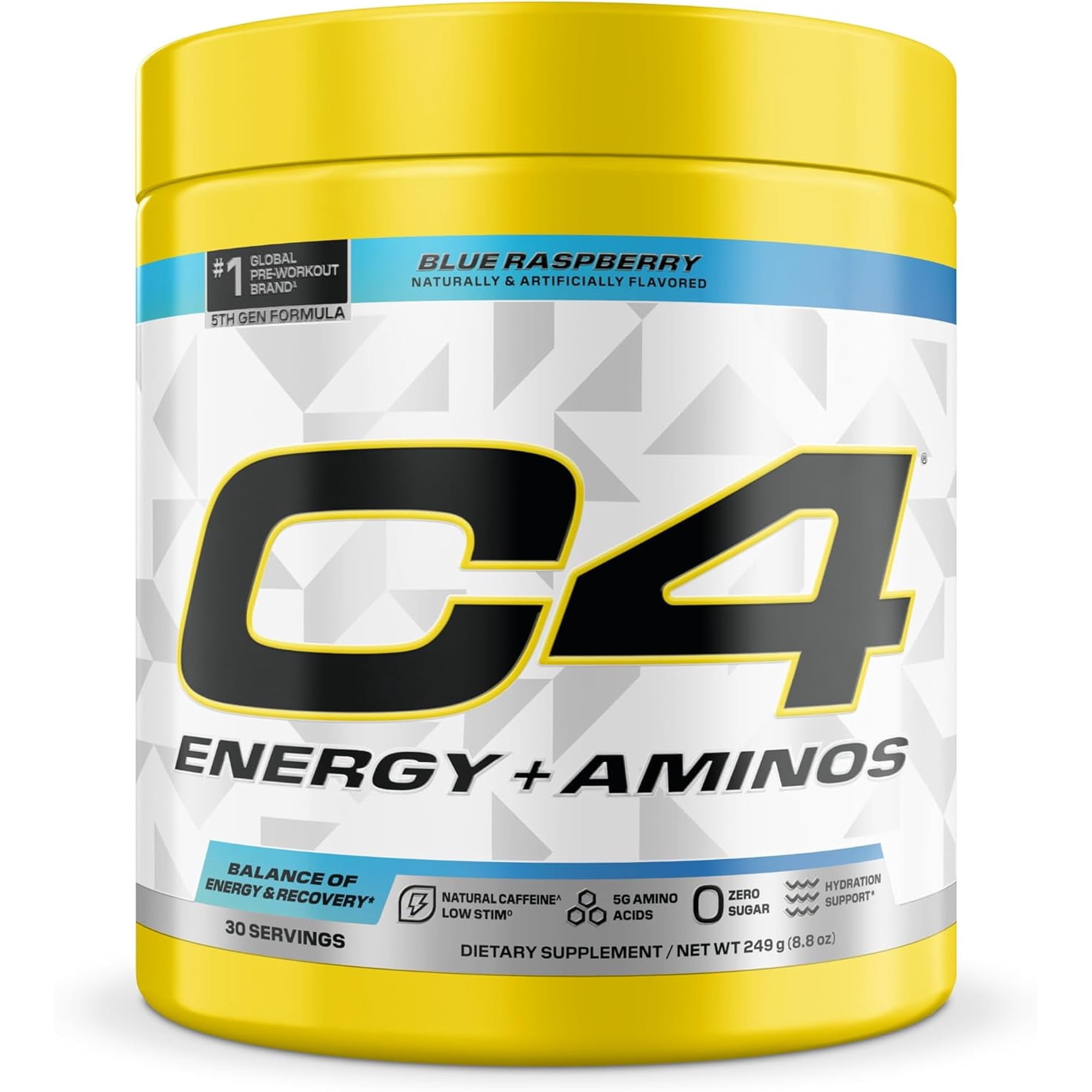 C4 Energy + Aminos Pre Workout Powder, 5g BCAAs & EAAs, Zero Sugar, Icy Blue Razz, 30 Servings
