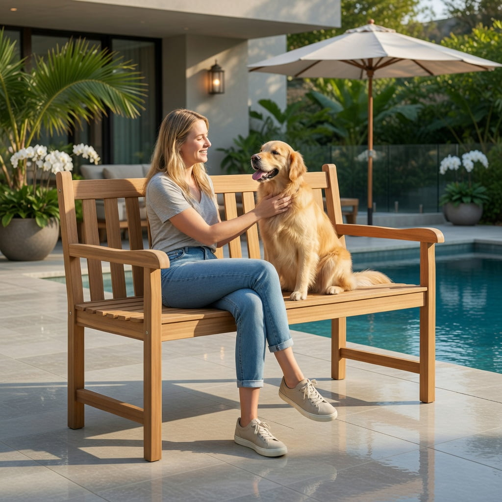 Hommoo Teak Wood Outdoor Patio Bench, 3-Seat Garden Bench with Armrests, Ergonomic Backrest & Heavy-Duty Support for Porch, Balcony & Backyard, Natural