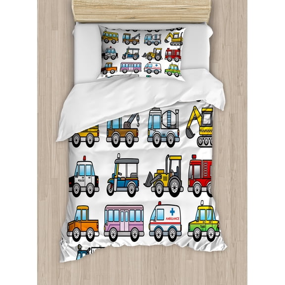 Boy's Duvet Cover Set Twin Size, Colorful Landscape Transportation Displayed in Four Lines all from Bicycle to Truck, Decorative 2 Piece Bedding Set with 1 Pillow Sham, Multicolor, by Ambesonne