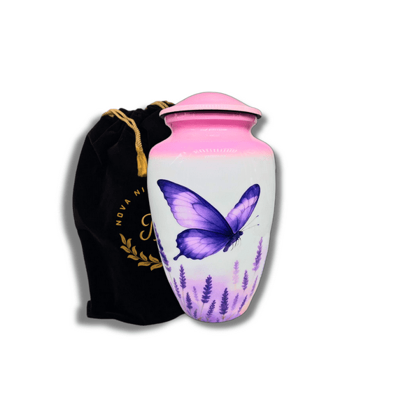 Nova Niche Purple Butterfly Adult Cremation Urn for Human Ashes – Large Aluminium Memorial Urn with Lavender Flowers Design with Velvet Bag