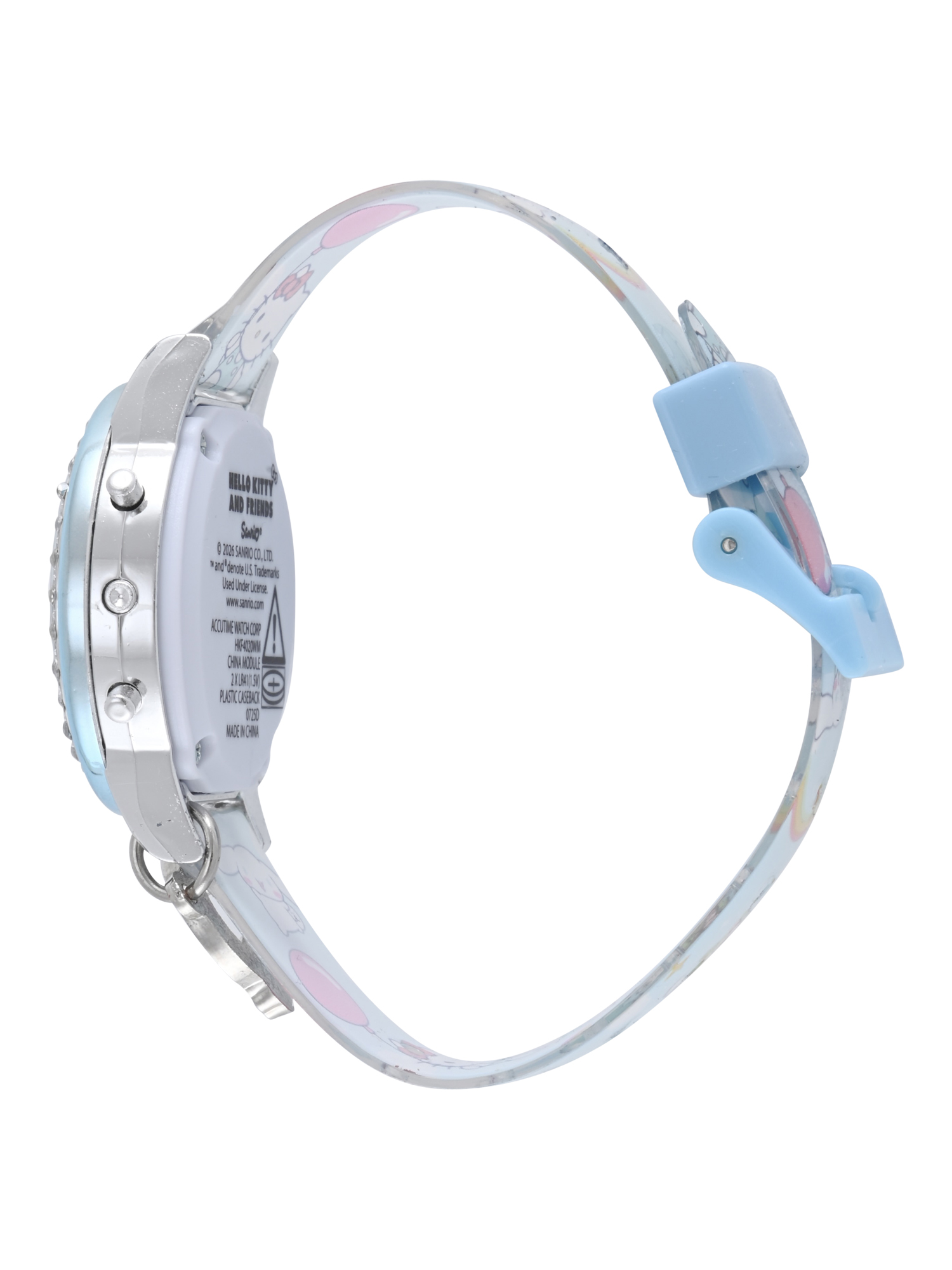 San Rio Hello Kitty and Friends Light Blue Printed Silicone Strap with Metallic Blue Case and Hanging Rainbow Charm; HK4020WM