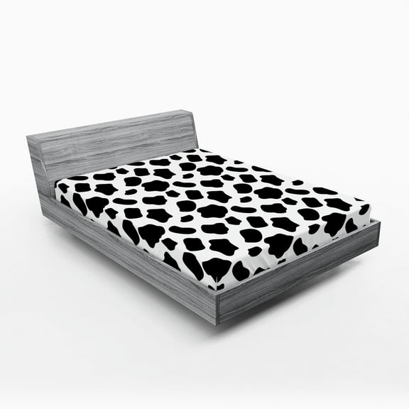 Ambesonne Cow Print Fitted Sheet, Cow Skin with Spots, California King, White Black