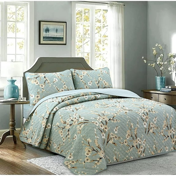 Cozy Line Home Fashions Sky Blue Floral Cotton Quilt, King - Reversible
