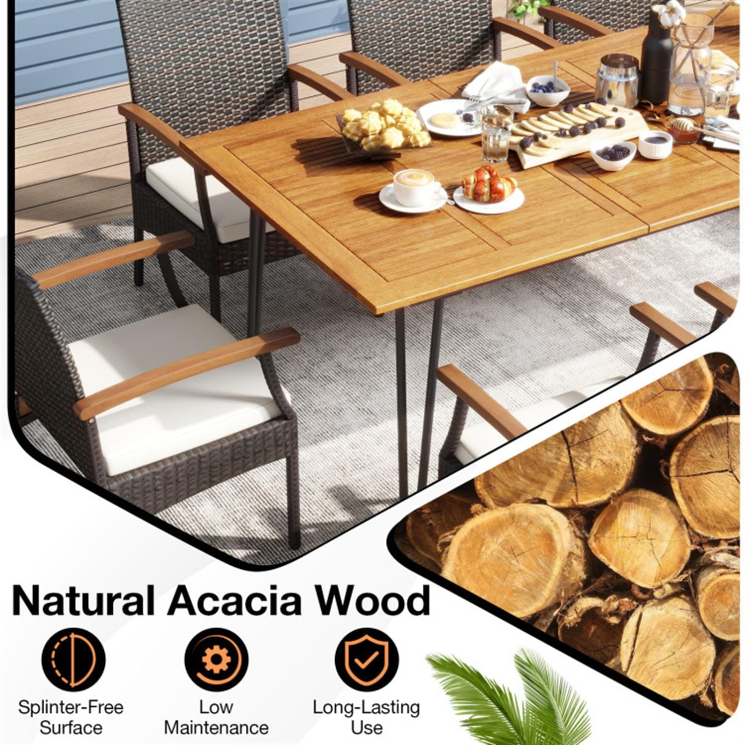 Demi Bonn 9 Pieces Patio Furniture Set with Wicker Armchairs, Soft Cushions and Acacia Wood Square Table, Conversation Dining for Garden Poolside Balcony, Brown-B