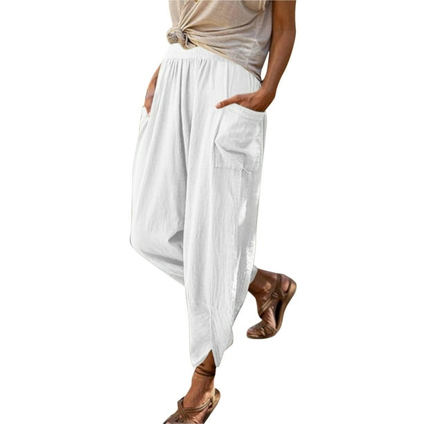Womens Pants Casual Cotton Linen Fashion Long Pant Elastic Waist