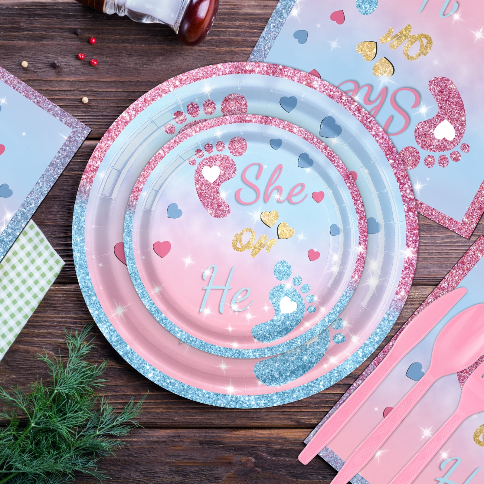 Mocsicka Gender Reveal Decorations Kit 251 PCS Boy or Girl Banner Disposable Plates Napkins Balloons Tablecloth Pink Blue Gender Reveal Party Supplies Set