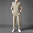 thumbnail image 2 of VBVC Men's 2 Piece Business Outfit Set with Pockets,Collared Short Sleeve Shirt and Drawstring Pants For Men,Khaki,M-4XL, 2 of 8