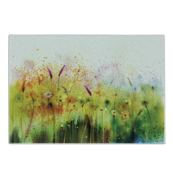 Flower Cutting Board, Trippy Violet Garden with Brushstrokes Psyhedelic Pattern Ferns Sketchy Paint Art Print, Decorative Tempered Glass Cutting and Serving Board, Small Size, Green, by Ambesonne