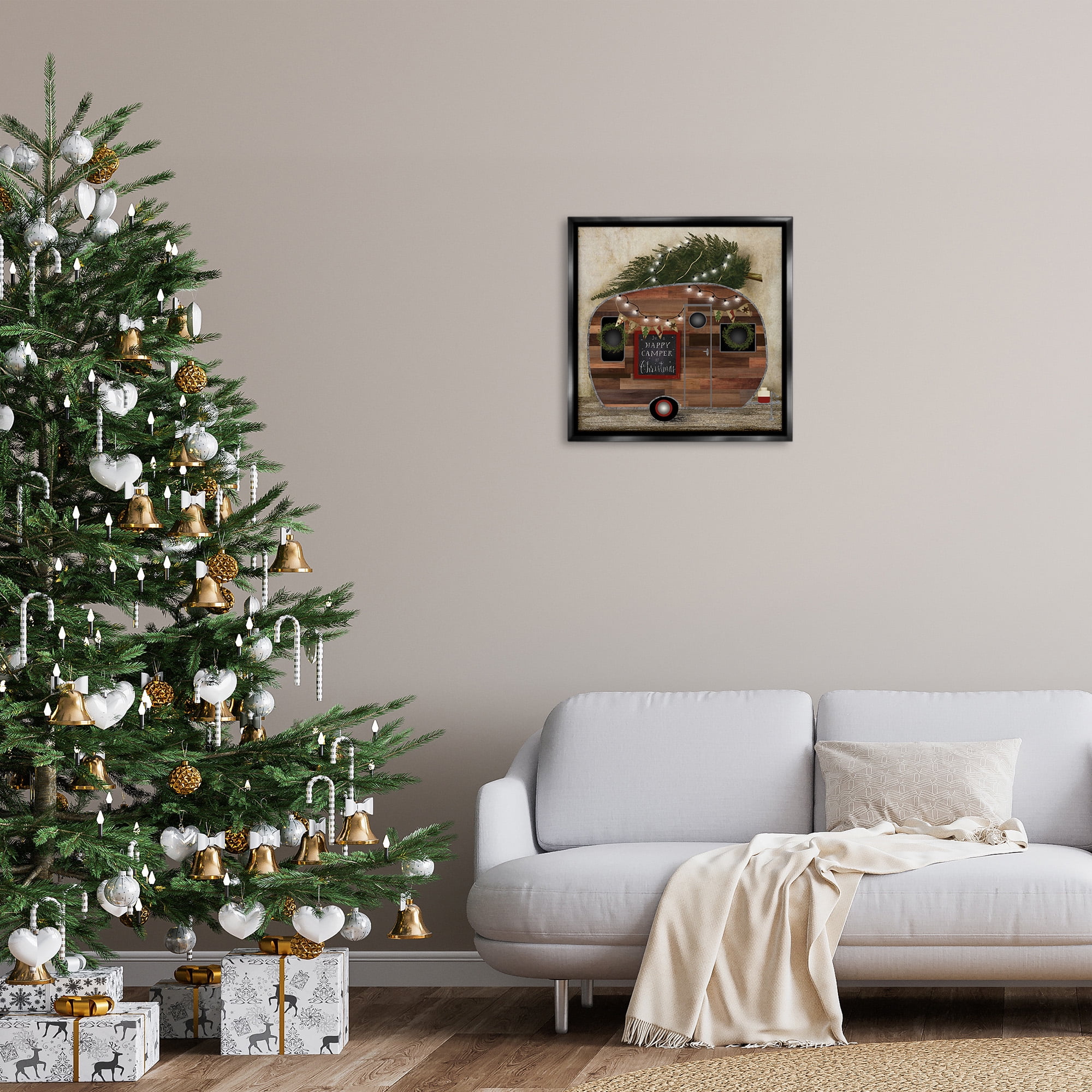 Stupell Industries Happy Camper At Christmas Holiday Painting Black Floater Framed Canvas Art Print Wall Art, 25 x 25