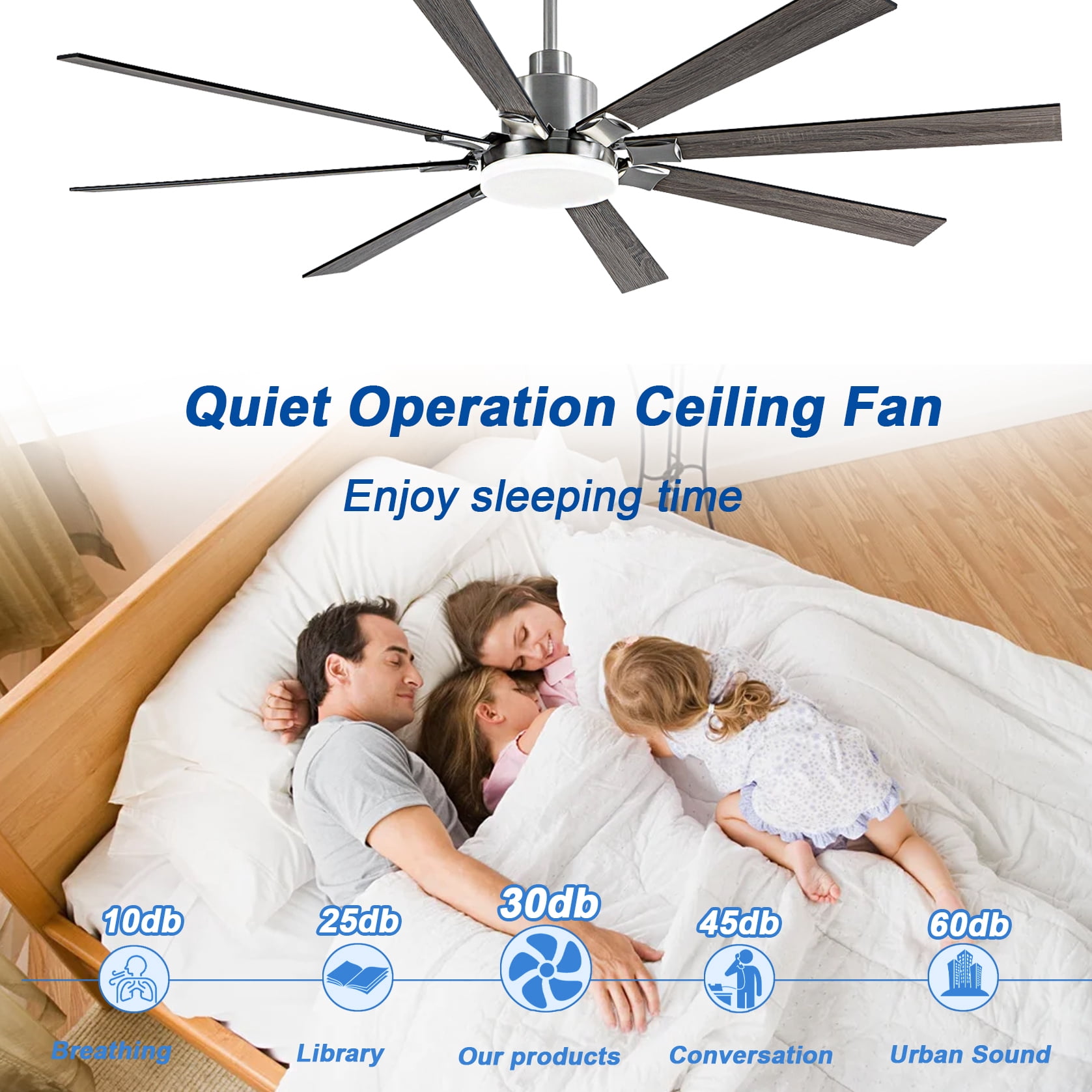 Mintazer 72 in Ceiling Fan with Lights and Remote, Modern Ceiling Fan with 6 Speed & 8 Blade for Farmhouse Bedroom Living Room Gazebo Patio, Silver