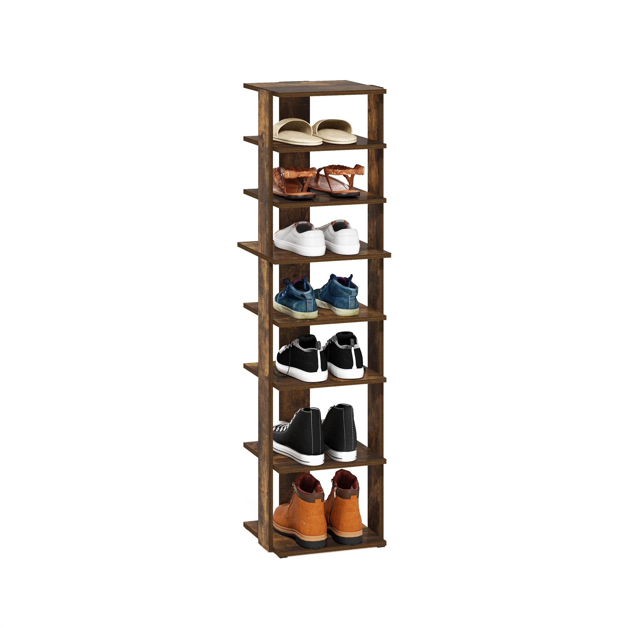 Furinno Compact 8-Tier Vertical Free Standing Shoe Tower in Shoe Rack Amber Pine