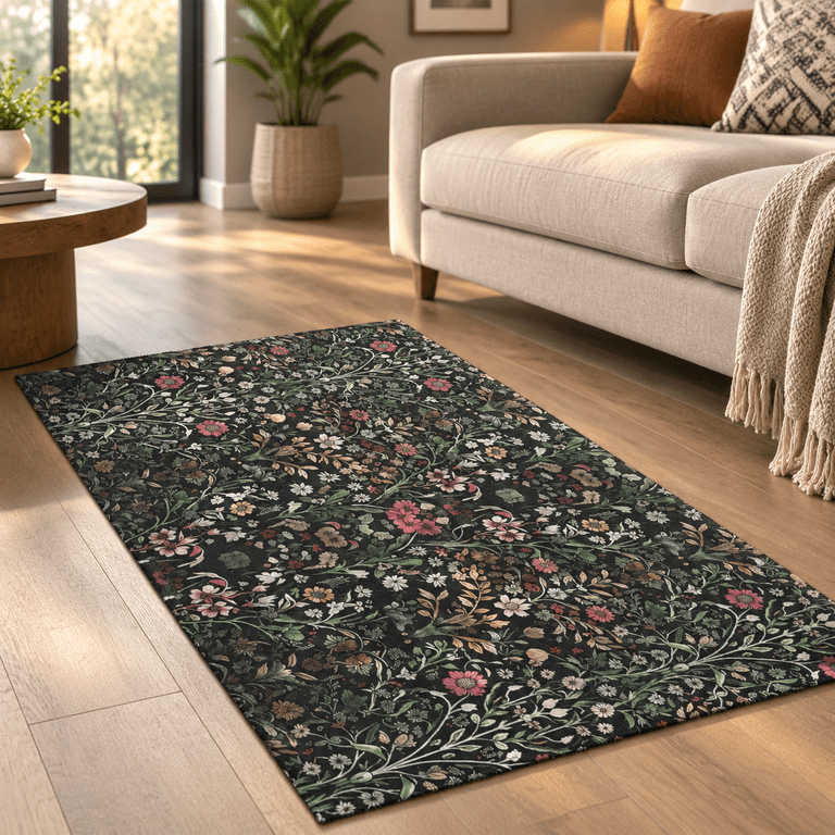 Flrugs 2x3 Spring Summer Boho Black Flowers Decorative Indoor Outdoor ...