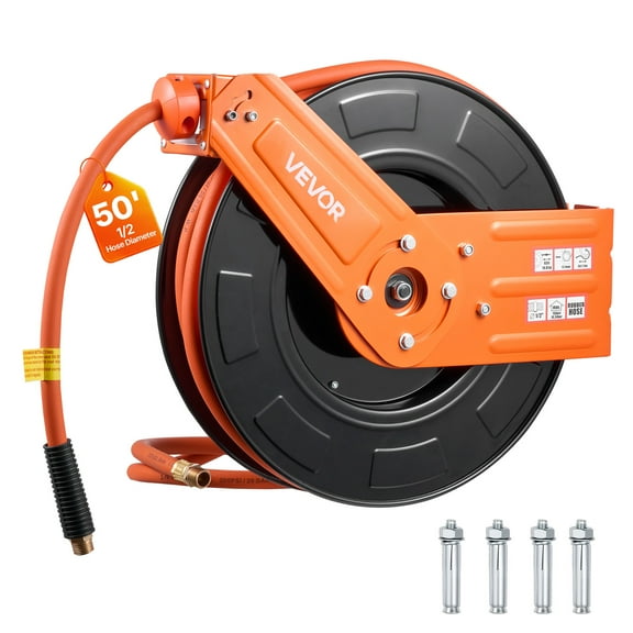VEVOR Retractable Air Hose Reel, 1/2 Inch x 50 FT Rubber Air Hose Max 300PSI, Auto Rewind Air-Compressor Hoses Reel with 5 ft Lead in, Ceiling/Wall Mount for Garage Workshops