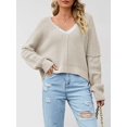 thumbnail image 6 of Women Casual V Neck Solid Color Long Sleeve Off Shoulder Loose Crop Pullover Sweater Tops, 6 of 8