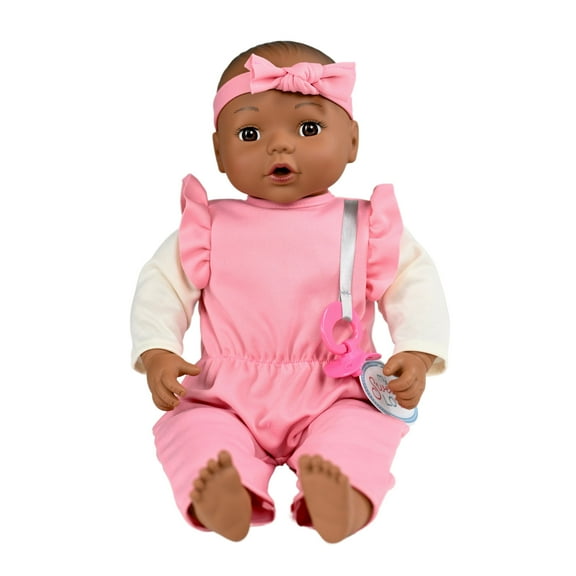 My Sweet Love 18-inch Nurturing Soft Baby Doll with Removable Pink Jumpsuit, Doll with Removable Outfit, Cute Headband and Pretend Pacifier, Brown Eyes