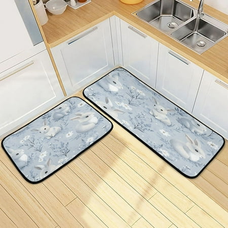 

Kitchen Rug Set 2 Pieces Non Slip Kitchen Mat for Kitchen Home Floor Sink 47 x19 +27 x19 Pale Gray Bunny
