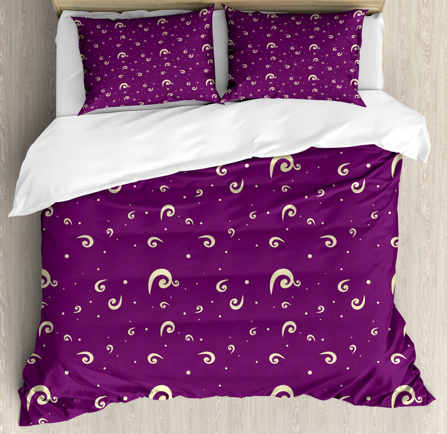 Purple And Cream Queen Size Duvet Cover Set Abstract Curls On Purple Background Traditional Motifs Decorative 3 Piece Bedding Set With 2 Pillow Shams Purple Dark Purple And Cream By Ambesonne