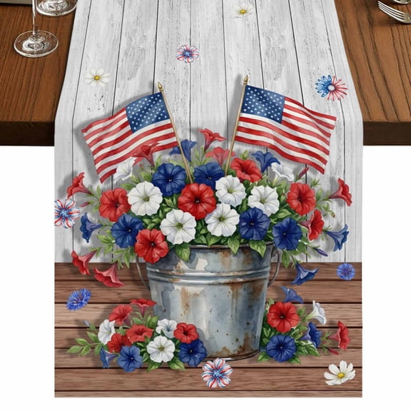 USA 4th of July Burlap Cotton Table Runner 13x36 Inches Short, Floral Patriotic Grey Wooden Farmhouse Table Runners, Outdoor Dining Tablecloths Decor for Baby Shower/Party/Wedding