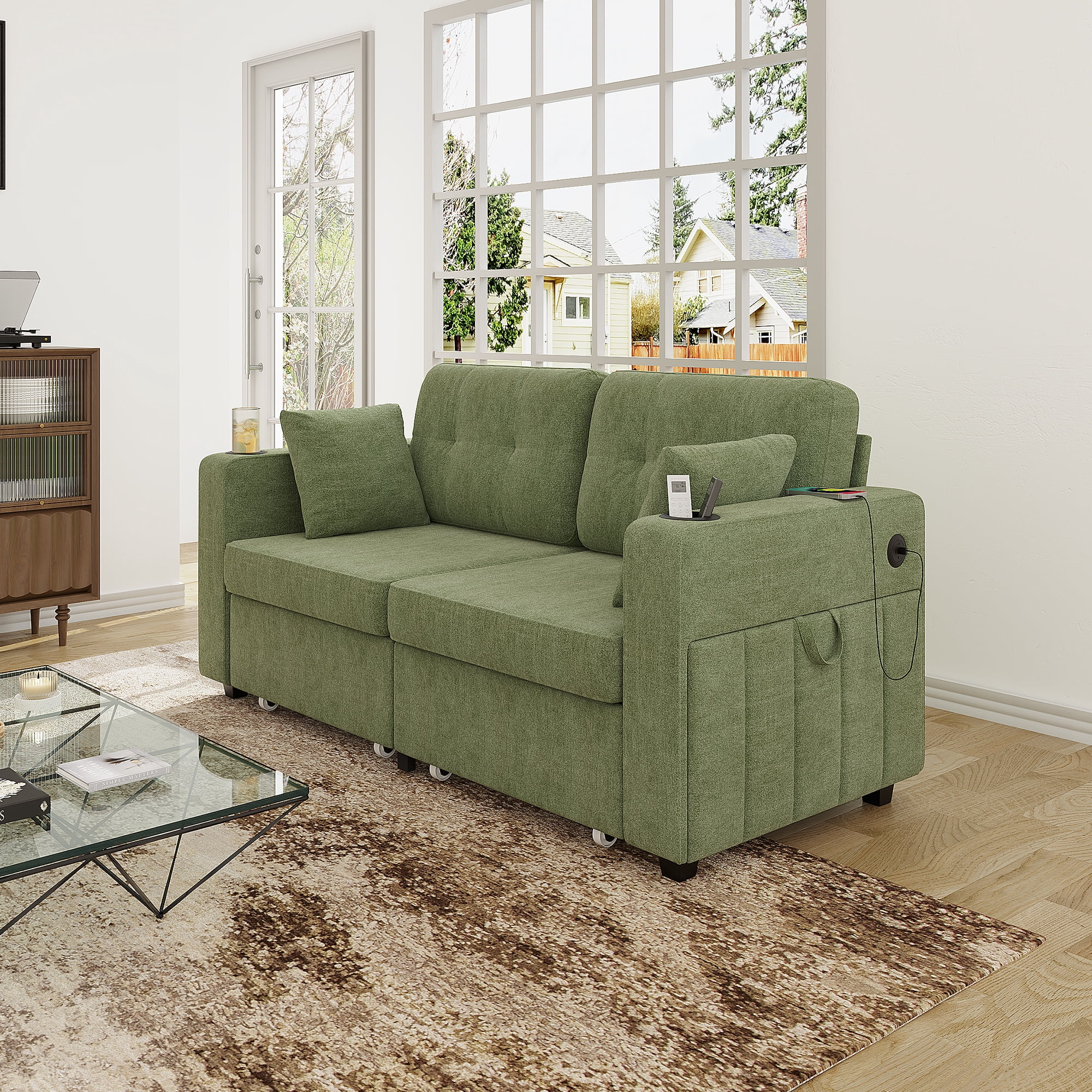 68" Chenille Two Seater Couch, Living Room Loveseat with Usb Charging, Upholstered Loveseat with Storage for Living Room, Olive