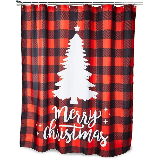 Red Buffalo Plaid Merry Christmas Tree Bath Shower Curtain
