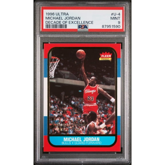 Graded 1996 Fleer Ultra Michael Jordan #U4 Decade of Excellence Rookie Reprint Basketball Card PSA 9 Mint