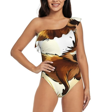 Qokaie Autumn Raccoon In Forest Print Women s One Piece Swimsuits Tummy Control Bathing Suits Asymmetric One Shoulder Swimwear-Medium