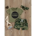 thumbnail image 2 of Bslissey Toddler Little Girls 3Pcs Summer Outfits Short Sleeve Letter Star Print T-shirt Tops + Camouflage Shorts + Headband 3M-5T Kids Casual Short Pants Sets, 2 of 9