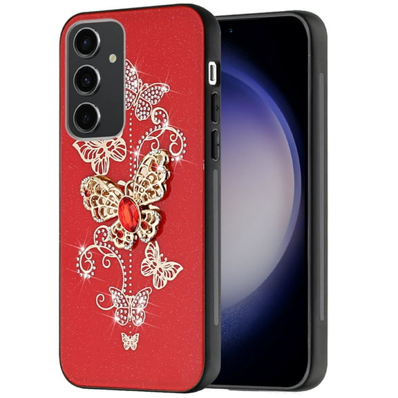 For Samsung Galaxy S24 FE /Fan Edition Diamonds Bling Sparkly Glitter Ornaments Engraving Hybrid Ring Stand Fashion Cover ,Xpm Phone Case [ Red Garden Butterflies ]
