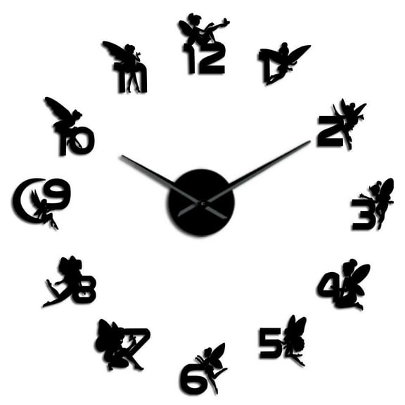 Magical Fairies Elf With Numbers Wall Stickers DIY Wall Clock Nursery Decorative Wall Art Gift For Kids Fantasy Fairy Tale Clock(Black,27inch)