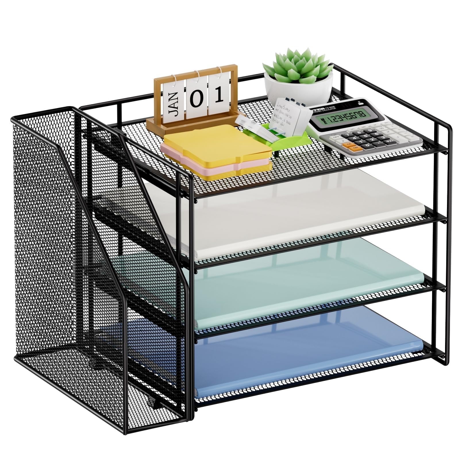 Marbrasse Desk Organizer and Accessories,4-Tier Paper Letter Tray Organizer with File Holder for Home Office Desk Supplies (Black)1 Count