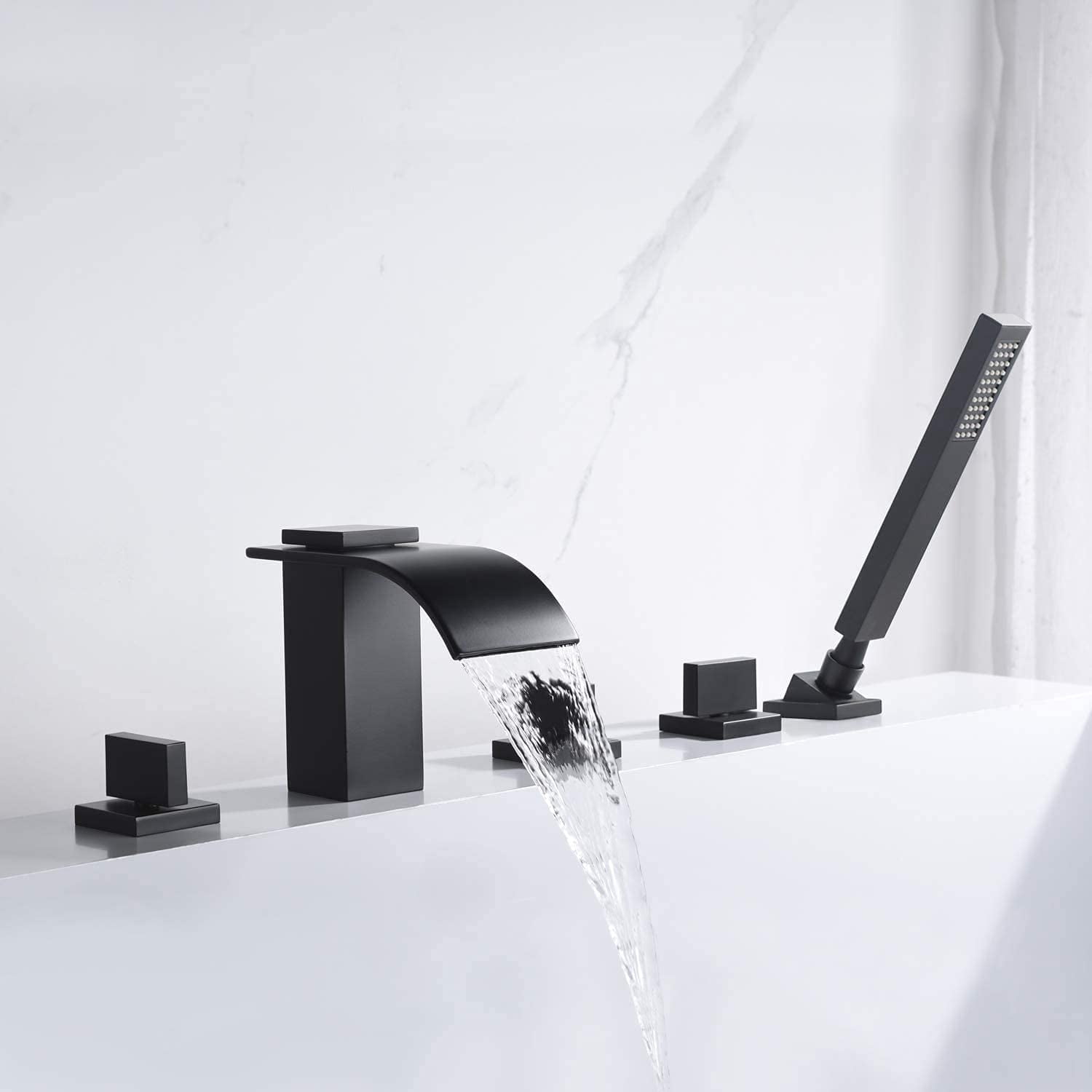 SUMERAIN Waterfall Roman Tub Faucet,Deck Mount 5 Holes Bath Tub Filler with Hand Shower,High Flow, Matte Black