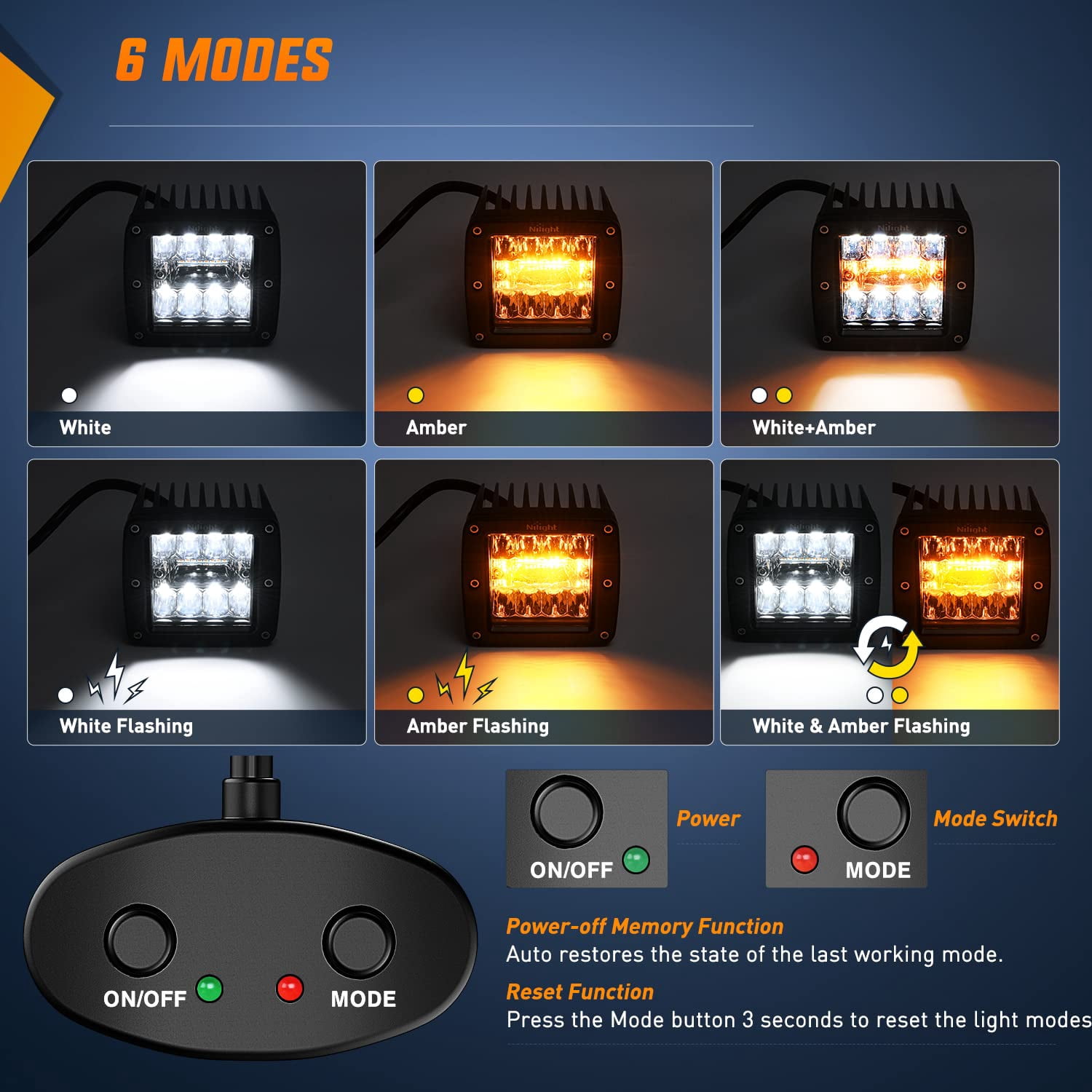 Nilight 2PCS 42W LED Pods Light 3Inch Cubes Amber White Strobe 6 Modes Memory Function Off-Road Truck Car ATV SUV Cabin Boat with 16AWG Wiring Harness Kit-2 Leads C80