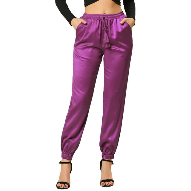 INSPIRE CHIC Women's Drawstring Elastic Waist Satin Joggers Magenta S