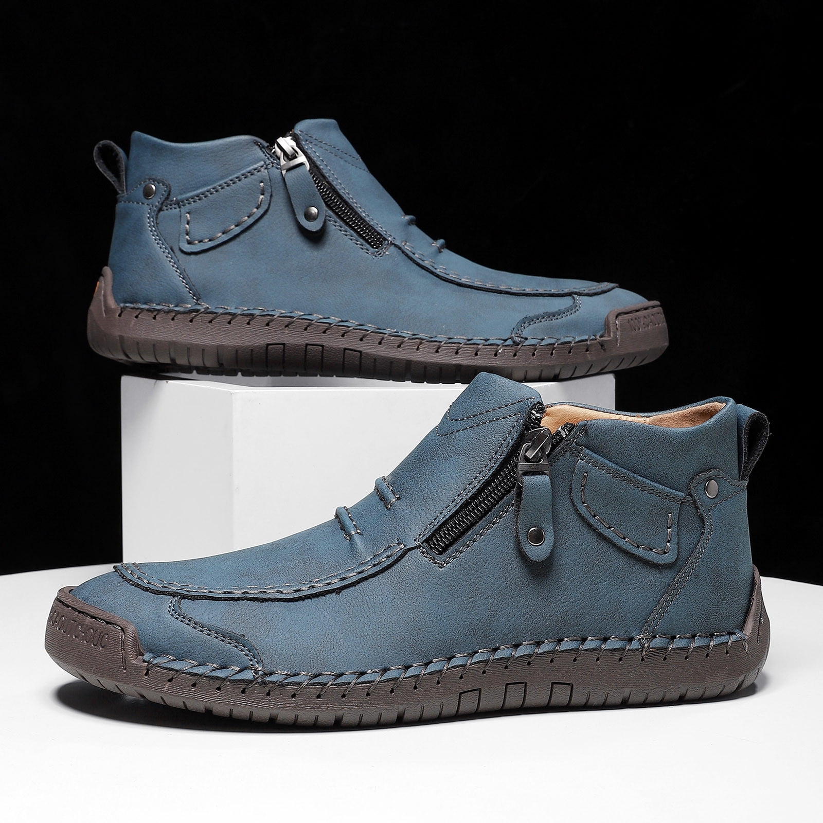 Menâs -On Orthopedic Leather Boots,Menâs Handmade Leather -On Driving Boots,Men Side Zipper Orthopedic Shoes for Driving Hiking