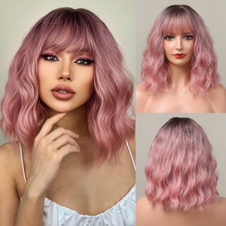 Dopi 14'' Pink Wig Women Girls Short Curly Bob Wig Lovely Pink Wig