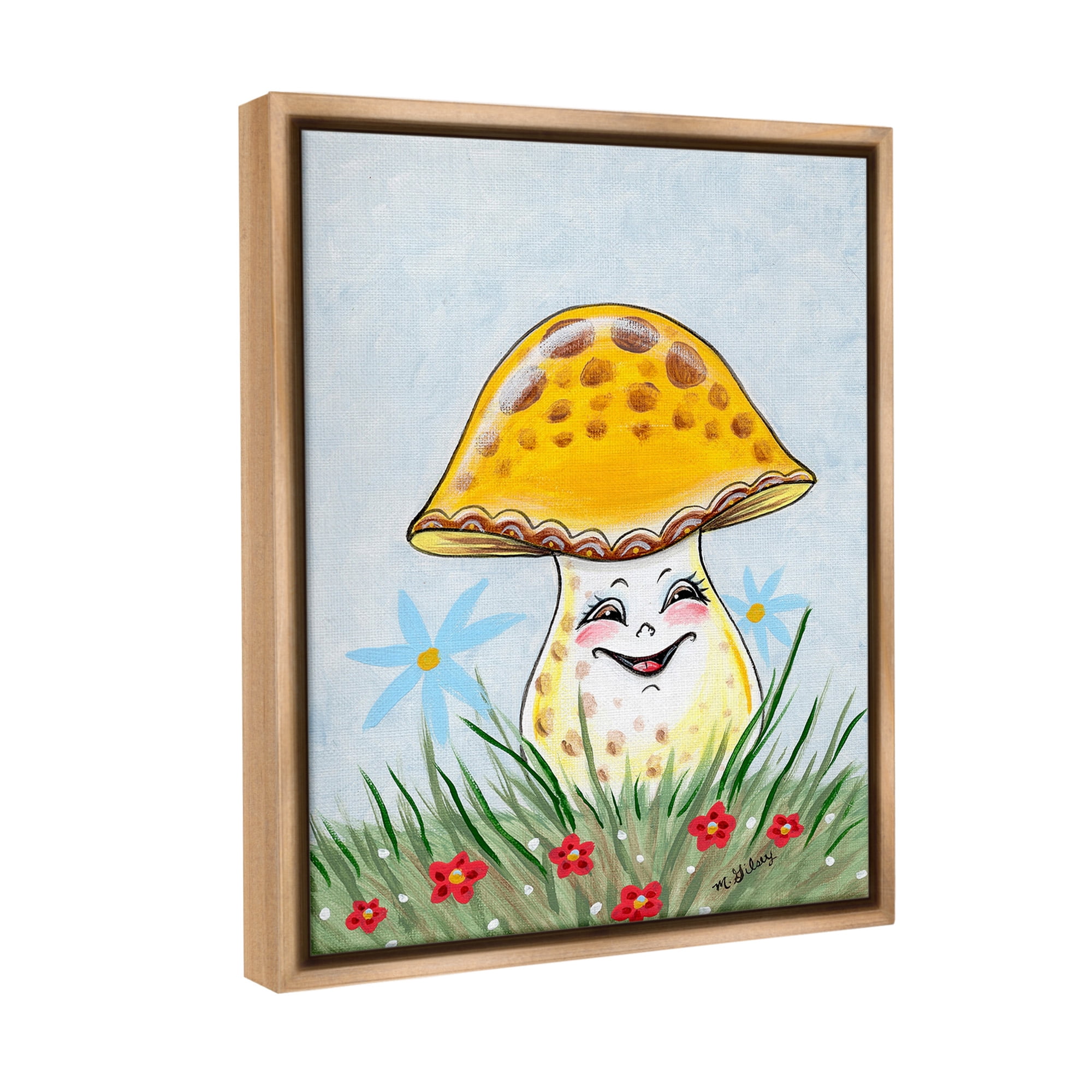 Stupell Industries Smiling Yellow Mushroom Botanical & Floral Painting Brown Floater Framed Canvas Art Print Wall Art, 25 x 31