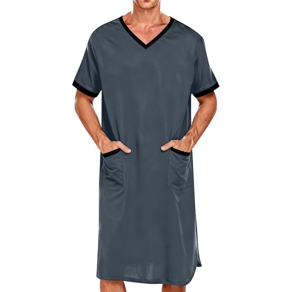 Ceisia Men's Short Sleeve Sleep Robe Solid Color Soft Breathable V-Neck Loose Fit Long Length with Pockets Lounge Wear Black Gifts for Father L
