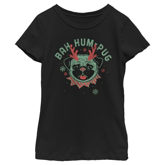 Girl's Lost Gods Distressed Bah Hum-Pug Graphic Tee Black Medium