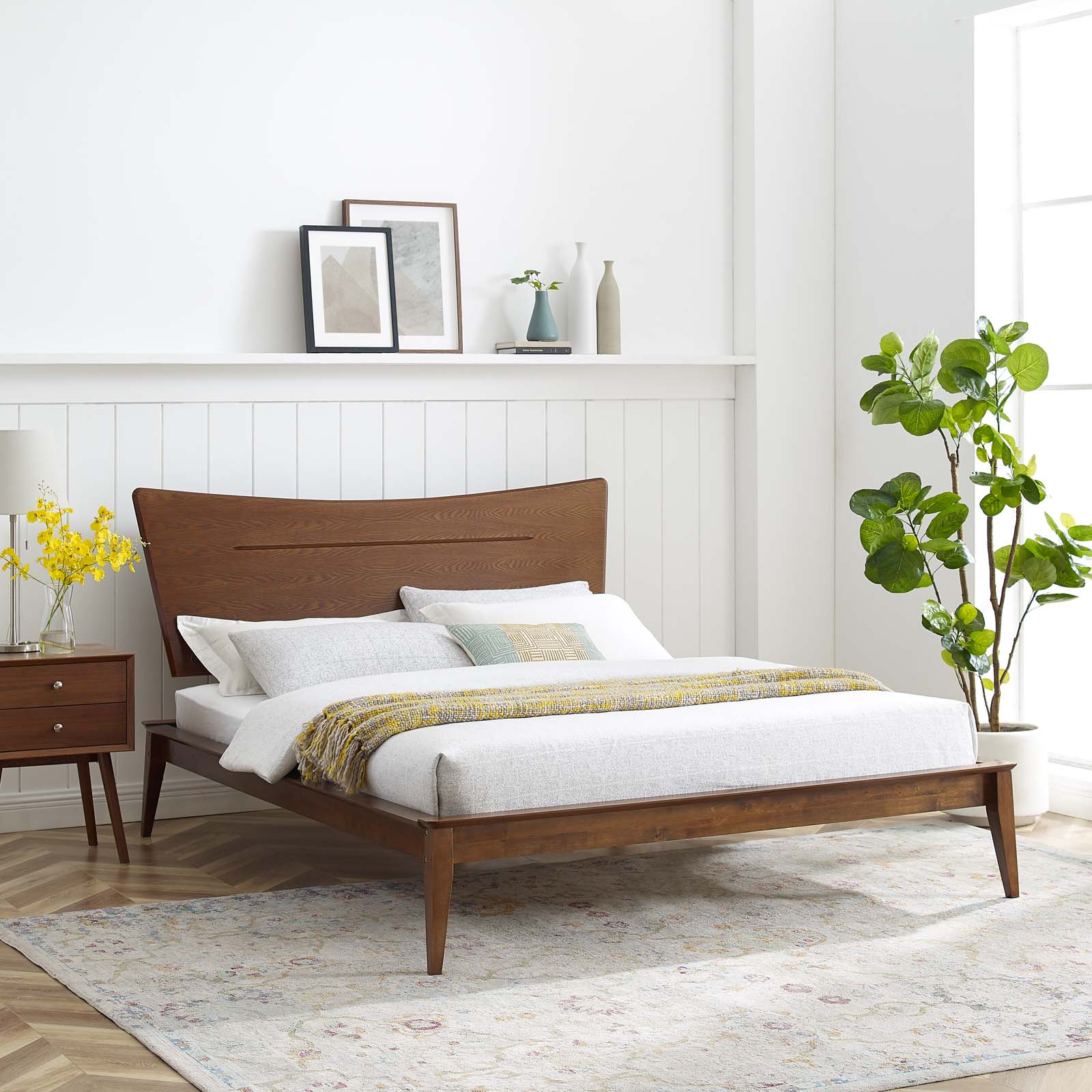 Platform Bed Frame, King Size, Wood, Brown Walnut, Modern Contemporary Urban Design, Bedroom Master Guest Suite