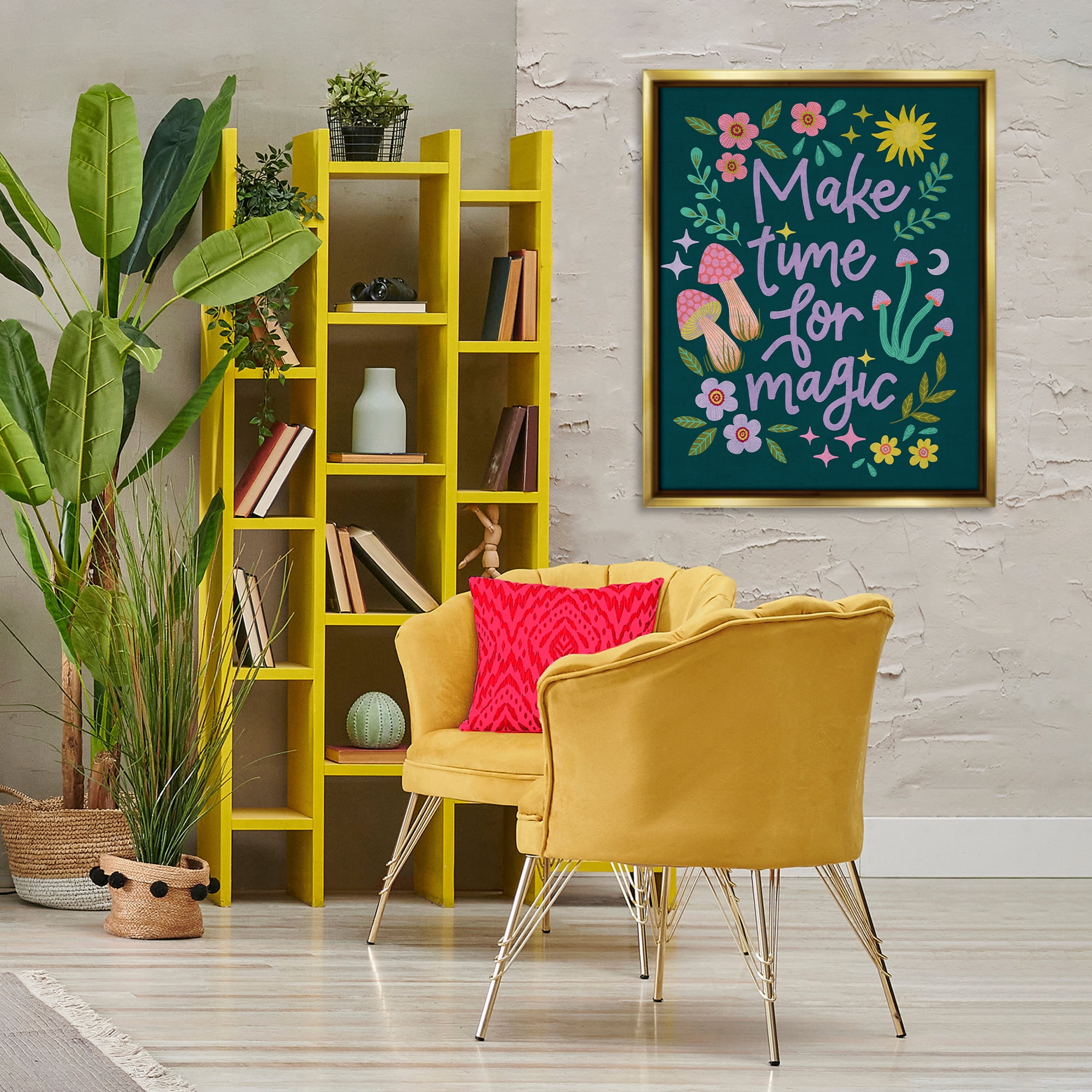 Stupell Industries Time For Magic with Florals Plants & Flowers Painting Gold Floater Framed Canvas Art Print Wall Art, 25 x 31